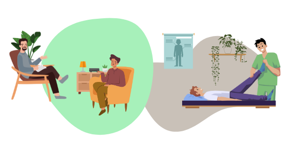 Illustraties van een therapiegesprek tussen een cliënt en therapeut en van een kinesistherapiebehandeling met een kinesist en patiënt