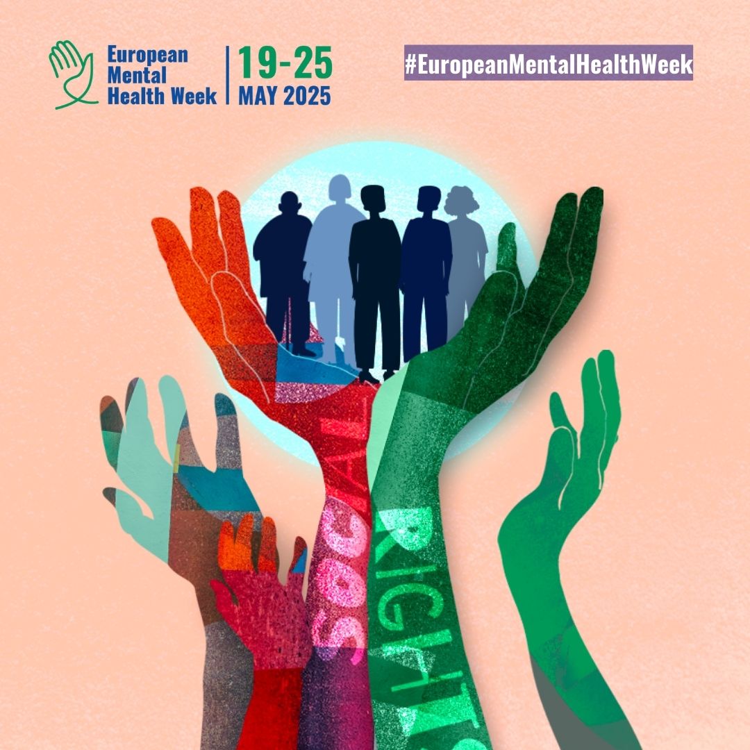 Handen in groen, rood en blauw dragen mensen, het logo en de hashtag van de European Mental Health Week zijn zichtbaar