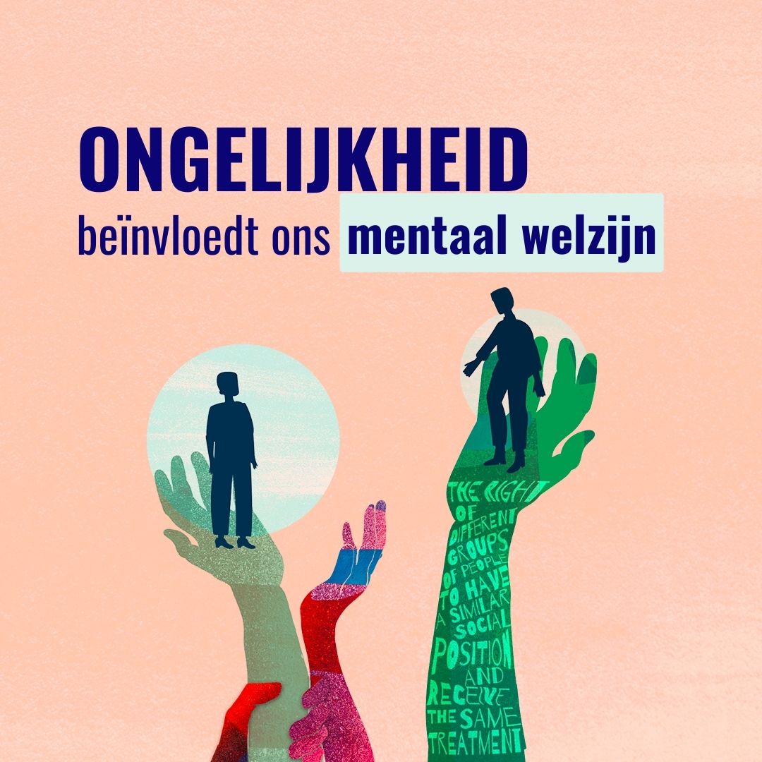 Groene handen dragen personen, de ene persoon staat hoger dan de ander - de tagline: ongelijkheid beïnvloedt ons mentaal welzijn
