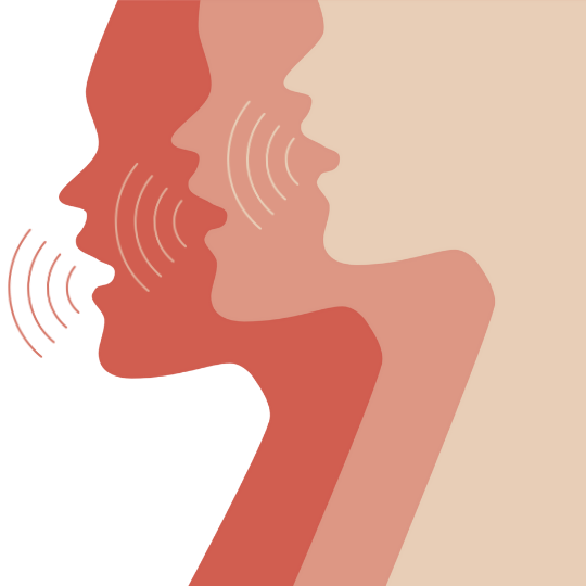 een illustratie van de silhoutten van drie gezichten die spreken in profiel 